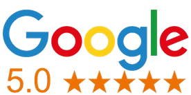 Google logo above 5.0 in orange text, followed by five orange stars, indicating a 5-star rating for exceptional garage door repair service.