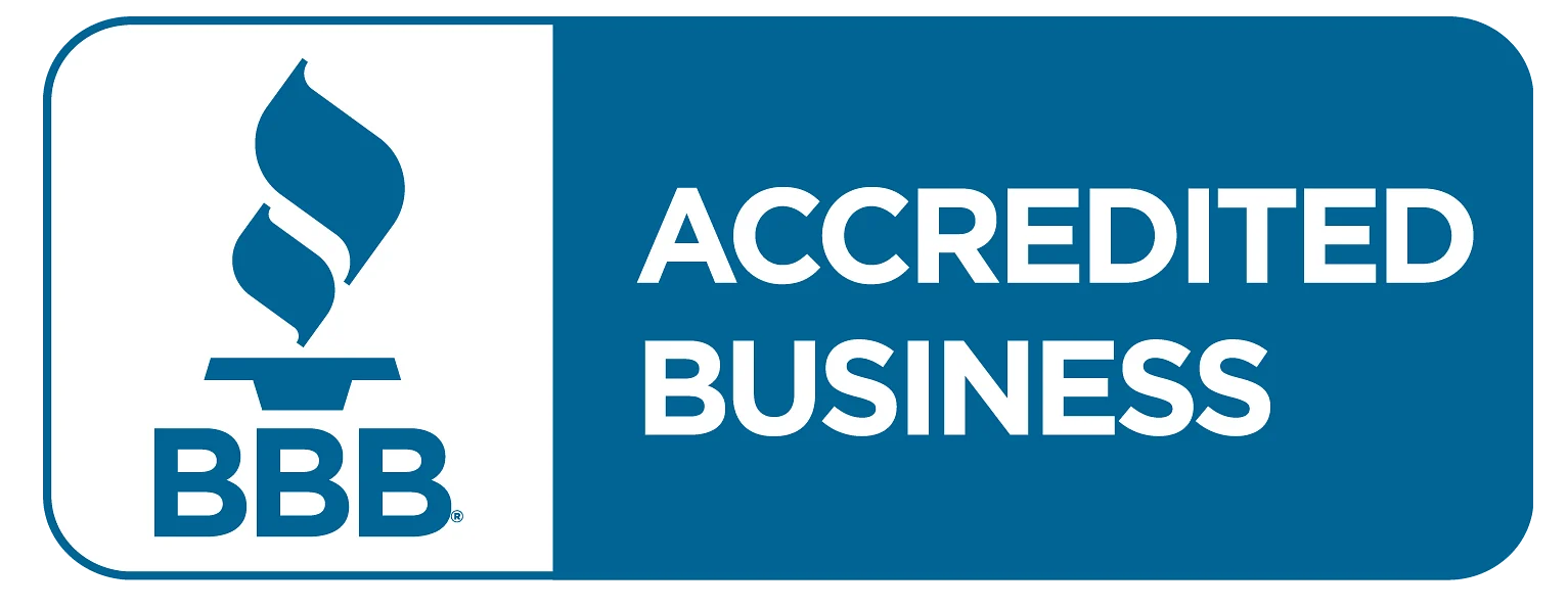 A blue and white badge with the BBB flame torch logo and the words ACCREDITED BUSINESS, showcasing that Carlos Garage Door Repair is recognized for trusted garage door repair in Orange County by the Better Business Bureau.