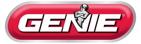 The image shows the Genie logo: the word “GENIE” in bold white letters on a red oval background, with a stylized illustration of a person with crossed arms above the letter “I,” often recognized in garage door repair services.